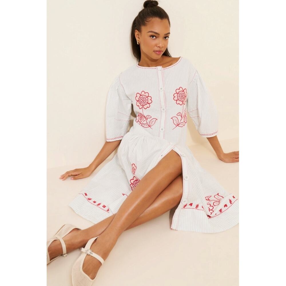 Free People Embroidered Cottage Bohemian Seersucker Saugatuck Midi Dress Medium - Picture 11 of 13